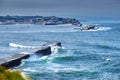 Saint Jean de Luz, France. Basque country. City views Ciboure and Castle and port of Socoa. Ocean waves breaking about the dam