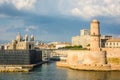 The Saint-Jean fort, the MuCEM and Villa Mediterranee buildings and Saint-Marie-Majeure cathedral under a stormy sky in Marseille Royalty Free Stock Photo