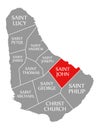 Saint John red highlighted in map of Barbados