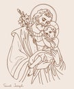 Saint Joseph the Betrothed. Icon Holy Forefather with Jesus Christ and blooming lily. Vector illustration. Hand drawn Royalty Free Stock Photo