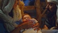 Mary and Joseph admiring sleeping baby Jesus Royalty Free Stock Photo