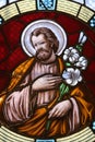 Saint Joseph, stained glass window in Basilica Assumption of the Virgin Mary in Marija Bistrica, Croatia Royalty Free Stock Photo