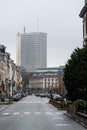 Saint-Josse, Brussels Capital Region, Belgium- Street towards the Deutsche Bank and BNP Paribas Real estate offices at
