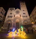 Saint Lawrence San Lorenzo Cathedral in Genoa by night with Christmas nativity scene