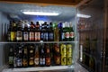 Beer fridge full of Anheuser-Busch beer bottles and cans, Saint Louis, United States