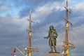 Duguay-Trouin statue in Saint-Malo and masts of an old ship