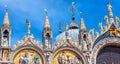 Saint Mark`s Basilica or San Marco in Venice, Italy. It is top landmark in Venice. Detail of ornate facade of luxury church Royalty Free Stock Photo