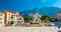 Saint Marko cathedral and church at Makarska city, Croatia. The Biokovo mountains in the background. Sunny day at summer, green Royalty Free Stock Photo