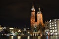 Saint Mary`s Basilica at night. Main market square. Krakow. Poland Royalty Free Stock Photo