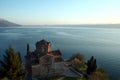 Saint Naum monastery at sunset over Ohrid lake, in the southern part of the republic of Macedonia Royalty Free Stock Photo