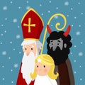 Saint Nicholas with angel, devil and falling snow. Cute Christmas invitation card, vector illustration, winter