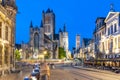 Saint Nicholas church, Belfort tower and St. Bavo Cathedral at night, Gent, Belgium