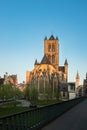 Ghent, Belgium April 9, 2020- The Saint Nicholas church as seen from the stairs of the Belfry