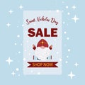 Saint Nicholas Day holiday sale poster. Funny dwarf Nicholas