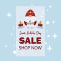 Saint Nicholas Day holiday sale poster. Funny dwarf Nicholas