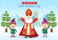 Saint Nicholas Day or Sinterklaas Celebration Template Hand Drawn Cartoon Flat Illustration with Gift Box and Winter Background Royalty Free Stock Photo