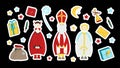 Saint Nicholas, devil and angel. Saint Nicholas Day stickers. Elements for the holiday. Gift, surprise, fir branches