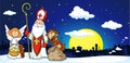 Saint Nicholas, devil and angel in town - vector Royalty Free Stock Photo