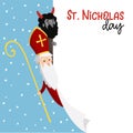 Saint Nicholas with devil and falling snow. Cute Christmas invitation card, web banner with blank list of paper. Vector