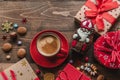 Saint Nicholas gift and cup of coffee Royalty Free Stock Photo