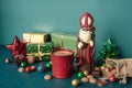 Saint Nicholas gift and cup of coffee Royalty Free Stock Photo