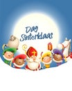 Saint Nicholas and his friends celebrate holiday in front of moon - text Dag Sinterklaas - blue background with copy space