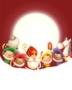 Saint Nicholas and his friends Zwarte Piets celebrate holiday in front of moon - red background with copy space