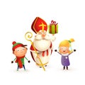 Saint Nicholas with kids girl and boy celebrate holidays - isolated on white background