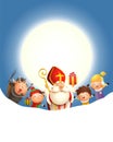 Saint Nicholas Krampus and kids celebrate holiday in front of moon - blue background with copy space