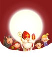 Saint Nicholas Krampus and kids celebrate holiday in front of moon - red background with copy space