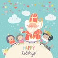 Saint Nicholas with Piet and happy kids