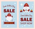 Saint nicholas sale. Mikulas or Sinterklaas winter holiday. St. Nicholas character. Vertical sale banner