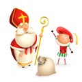 Saint Nicholas or Sinterklaas and helper Zwarte Piet with gift bag isolated on white background Royalty Free Stock Photo