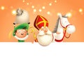 Saint Nicholas or Sinterklaas horse and helper on board - happy cute characters celebrate Dutch holiday - vector illustration on o Royalty Free Stock Photo