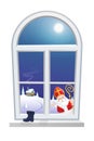 Saint Nicholas - Sinterklaas - looking at window from outside, children boot wait for gifts - winter night lansdcape Royalty Free Stock Photo