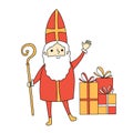 Saint Nicholas sketch doodle cute cartoon character Sinterklaas with presents, gift boxes pile vector illustration Royalty Free Stock Photo