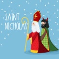 Saint Nicholas walking with devil and falling snow. Cute Christmas invitation card, vector illustration, winter