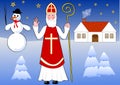 Saint Nicholas walks snowy night landscape, old country house and snowman on background Royalty Free Stock Photo