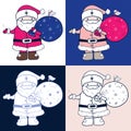 Cartoon Santa Claus with gift bag and little bird. Cute Father Christmas waving his hand Royalty Free Stock Photo