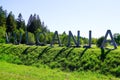 Vulcania logo and text sign in Auvergne Puys volcanoes park entrance fascinating Royalty Free Stock Photo