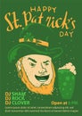 saint patrick cartoon with green glass beer for st patrick\'s day event poster vector illustration