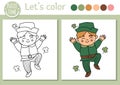 Saint Patrick coloring page for children. Cute funny boy with shamrock. Vector outline leprechaun illustration. Celtic spring