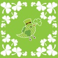 Saint Patrick Day card with cute birds on shamrock leaves frame