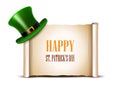 Saint Patrick Day card design. Green top hat and ancient paper r