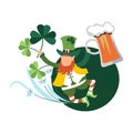 Saint Patrick day celebration, irish jig dancing leprechaun gnome holding beer jug and shamrocks