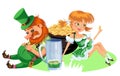 Saint patrick day characters, leprechaun and girl with mug of green beer, glass full alcohol ale, drunk man in cylinder Royalty Free Stock Photo