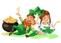 Saint patrick day characters, leprechaun and girl with mug of green beer, glass full alcohol ale, drunk man in cylinder Royalty Free Stock Photo