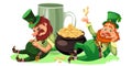 Saint patrick day characters, leprechaun with mug of green beer, glass full alcohol ale, drunk man in cylinder symbol of Royalty Free Stock Photo