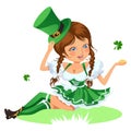 Saint patrick day characters, girl in stockings and cylinder with irish symbol of luck shamrock leaf, woman in