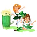 Saint patrick day characters, girl in stockings with mug of green beer, glass full alcohol ale, woman in short Royalty Free Stock Photo